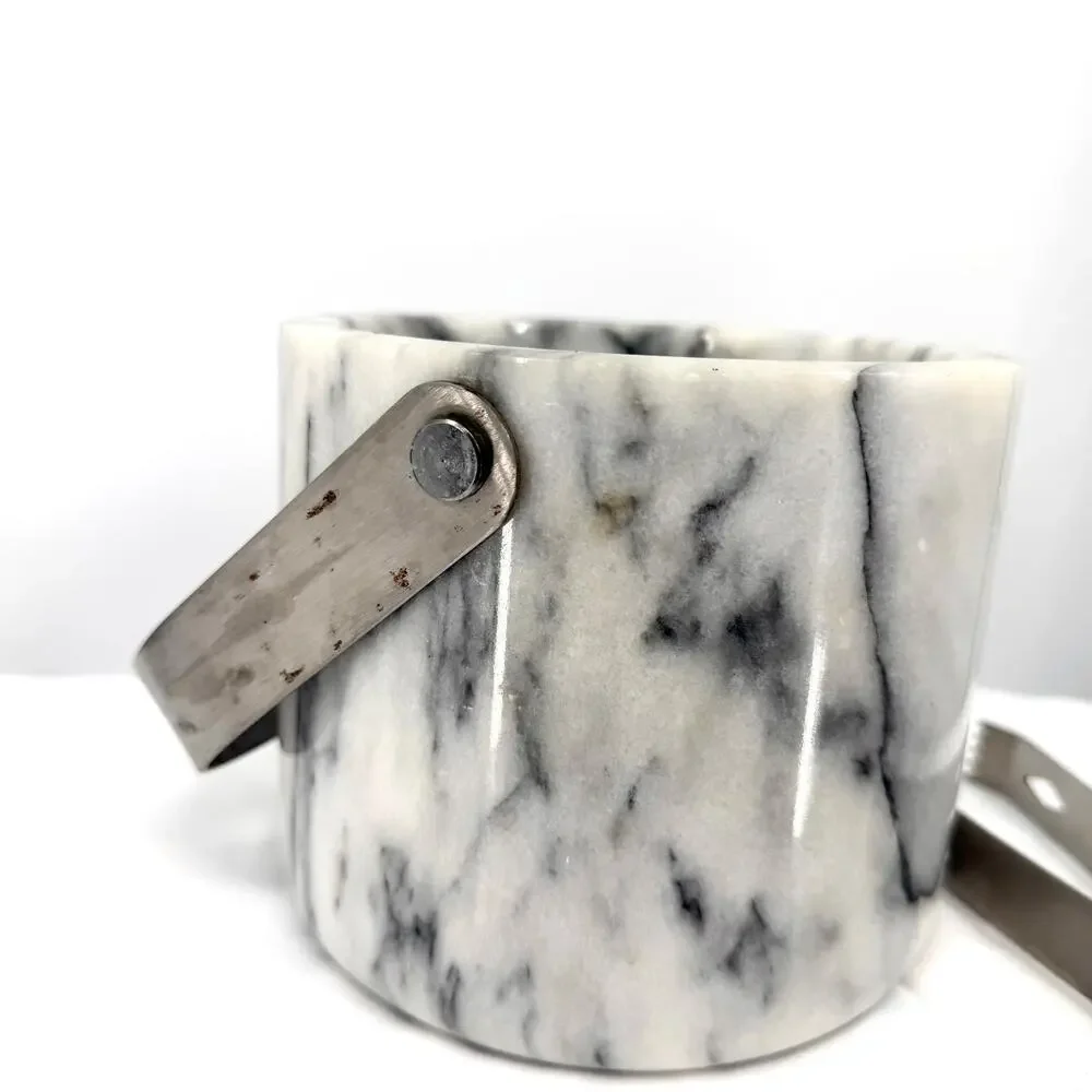 Vintage 70s White Grey Solid Marble Hollywood Regency Heavy Barware Ice Bucket